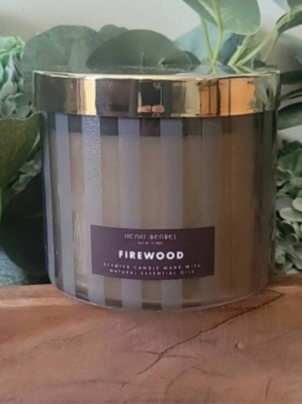 Henri Bendel Firewood Scented Candle - Gray Glass with Gold Lid